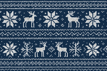 Winter holiday sweater pattern featuring reindeer and snowflakes on a deep blue background
