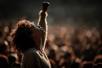 Elevated Spirit A Woman Celebrating with Raised Fist in a Crowd
