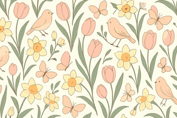 Colorful floral and bird pattern with butterflies in springtime garden setting