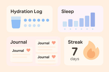 Tracking health with hydration log, sleep chart, journal entries, and a weekly streak summary in a wellness app interface