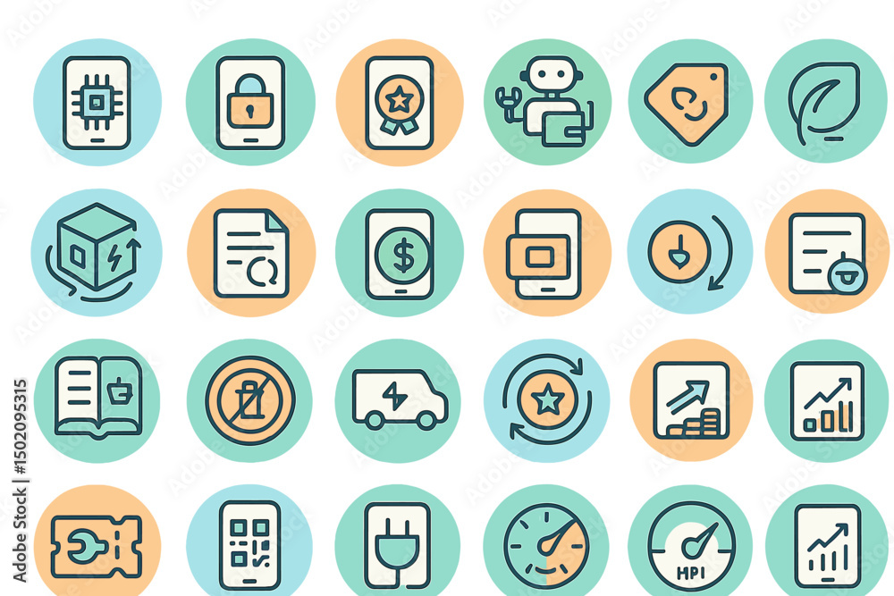 Poster digital icons representing various technology and business concepts in a colorful layout suitable fo