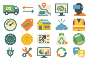 Collection of colorful icons representing technology, sustainability, and transport in modern society