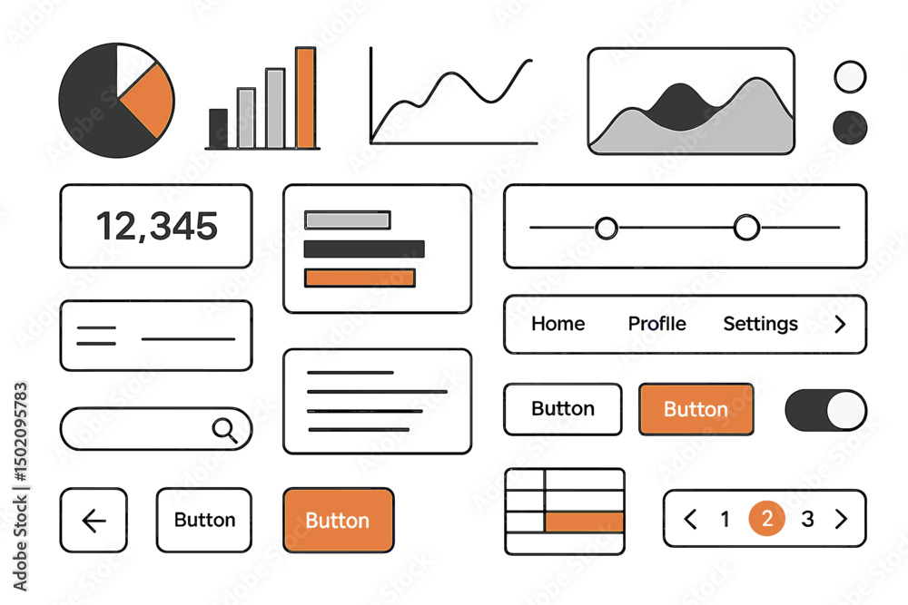 Poster user interface elements displayed in a minimalist design layout featuring charts, buttons, and inter