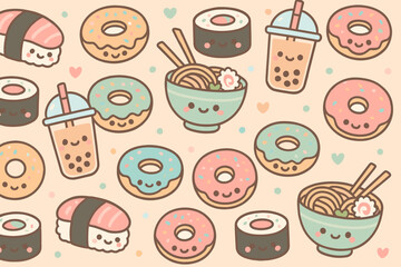 Cute food pattern with sushi, donuts, bubble tea, and ramen on a pastel background