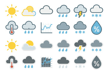 Obraz premium Weather icons displaying various atmospheric conditions and temperature metrics in a colorful grid layout