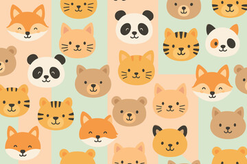 Cute animal faces pattern featuring various species on a pastel background suitable for children's decor and products