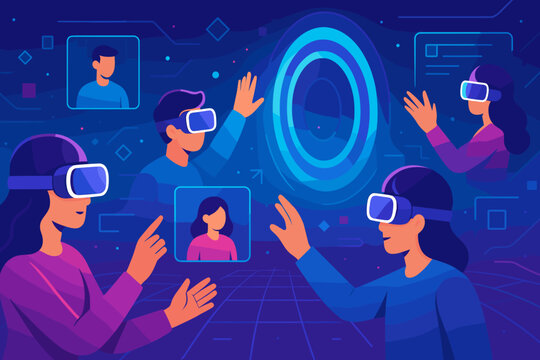 Virtual reality users interacting within a digital space at a tech event