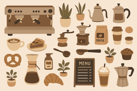 Coffee shop elements featuring drinks, desserts, and equipment in a cozy cafe atmosphere - Powered by Adobe