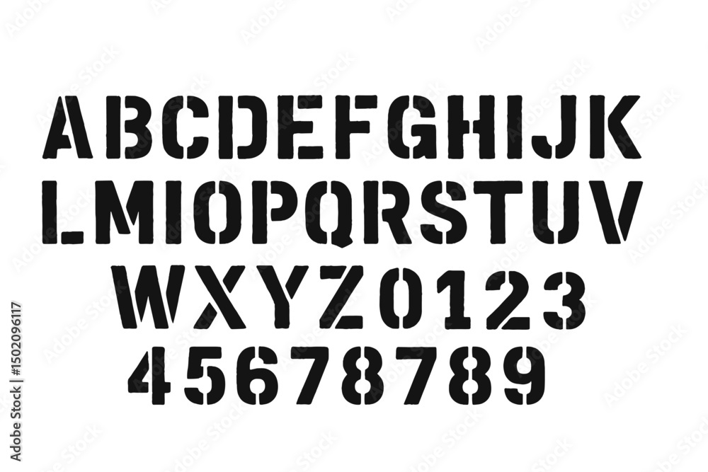 Fototapete stencil font displaying uppercase letters and numbers in a bold, industrial style against a plain ba