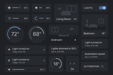 Fototapeta premium Smart home control dashboard displaying temperature settings and light automation features for different rooms at evening time