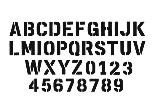 Stencil font displaying uppercase letters and numbers in a bold, industrial style against a plain background