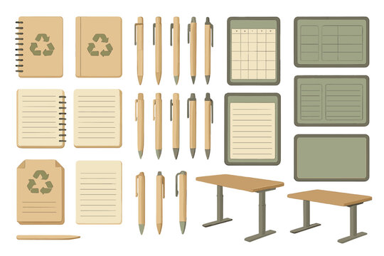 Office supplies for eco-friendly workspace design showcasing recycled materials at a creative organization