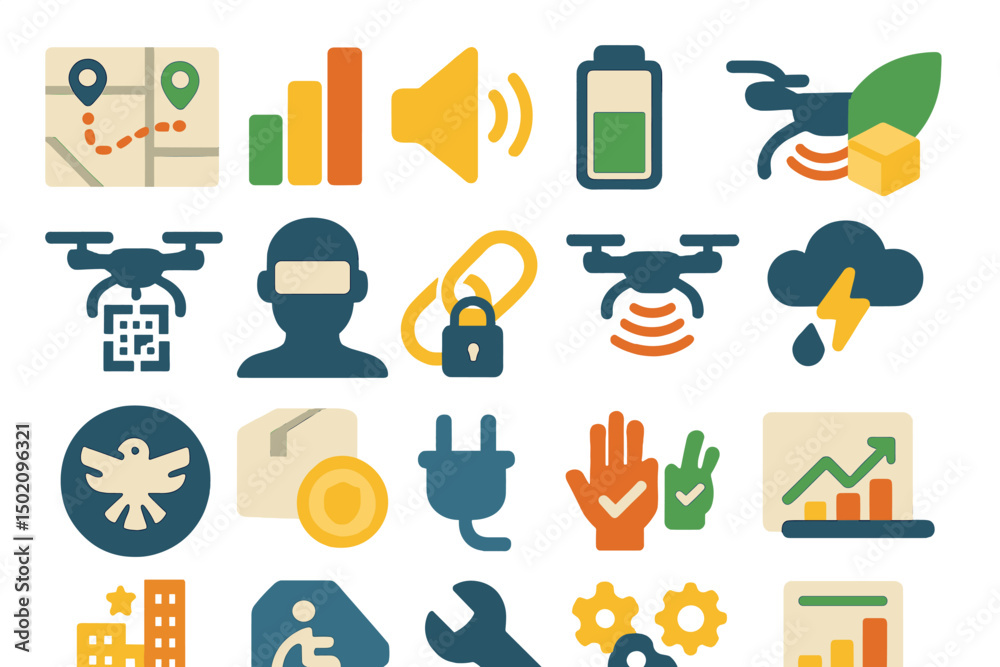 Poster unique collection of drone and technology icons representing various features and functions in a mod