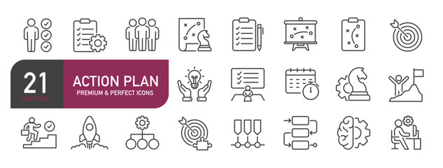 Set of line icons related to action plan, strategy, management, leadership. Outline icons collection. Editable stroke. Vector illustration
