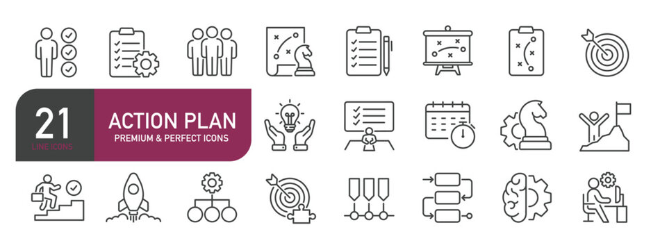 Set of line icons related to action plan, strategy, management, leadership. Outline icons collection. Editable stroke. Vector illustration
