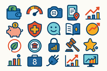 Collection of symbols representing finance, technology, health, and growth displayed on a light background