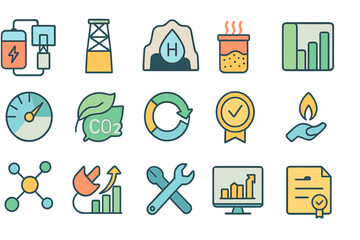 Energy production and environmental icons representing renewable resources and sustainability efforts in modern technology