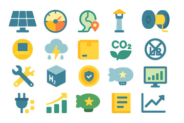 Collection of energy efficiency and sustainability icons representing various environmental concepts and technologies