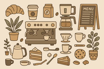 Warm coffee shop atmosphere featuring a variety of beverages and pastries in a cozy setting