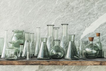 A collection of vintage glass beakers, flasks and cylinders displayed on a wooden shelf with a textured, neutral backdrop. 