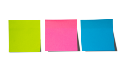 Three colorful sticky notes in green pink and blue isolated on transparent background for creative reminders or messages. 