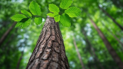 Fototapeta premium Majestic Tree with Fresh Green Leaves Reaching Towards Bright Blue Sky
