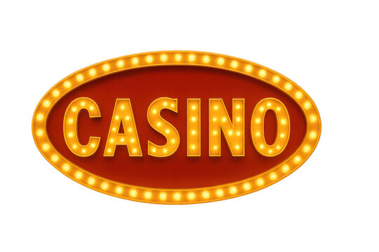 Glowing oval casino sign highlighting illuminated text against vibrant red backdrop, transparent overlay visible
