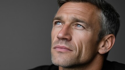 Obraz premium Portrait of a mature man gazing upwards, expressing hope, contemplation, and a sense of aspiration