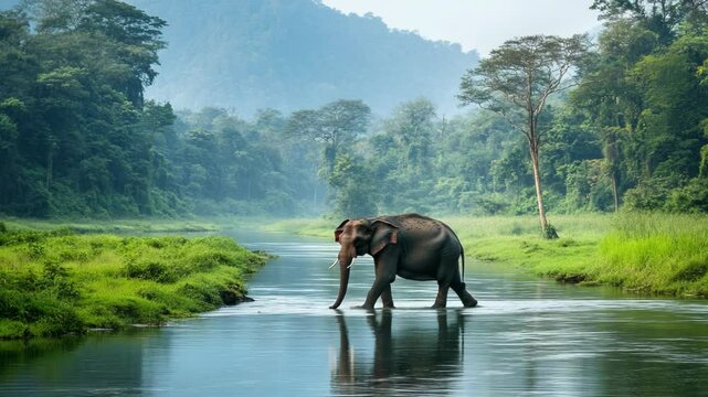 Majestic elephant by a tranquil river in a lush rainforest.