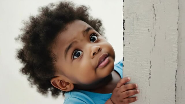 A small child with curious eyes peeks from behind a piece of wood, creating an  of surprise and delight.