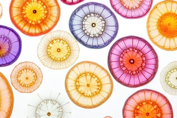 Colorful backlit agar art pieces with intricate patterns resembling biological structures, set against a bright white background, creating a visually stunning abstract design.