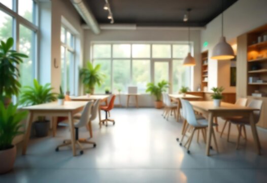 Generative AI envisions a bright blurred open office with plants aplenty