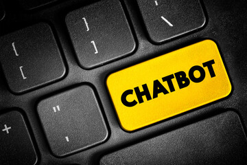 Chatbot - software application used to conduct an on-line chat conversation via text and simulates human-like conversations, text concept button on keyboard