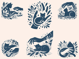 Elegant Hand Holding Cat Silhouette with Botanical Elements – Pet Care and Animal Welfare Symbol in Floral Style