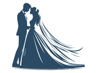 Elegant Wedding Couple Silhouette Illustrations – Romantic Bride and Groom in Floral Wedding Poses

