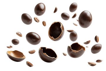 A set of floating chocolate eggs in various broken forms with dramatic lighting effects, isolated on a transparent background