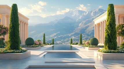 Elegant courtyard with pool, mountains, and columns