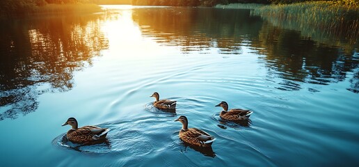 A serene morning view featuring ducks swimming peacefully on a calm lake at sunrise