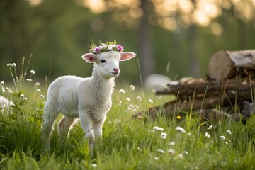 Obraz premium Adorable lamb in flower crown spring meadow