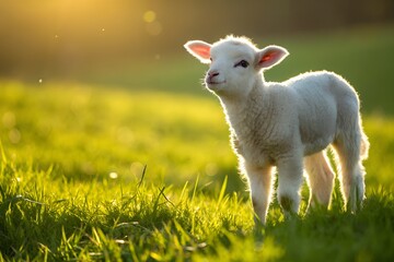 Obraz premium Adorable lamb in golden sunset meadow springtime pasture