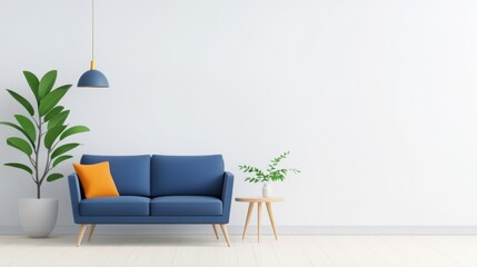 Cozy and Modern Living Room with Blue Sofa, Green Plants, and Minimalist Decor