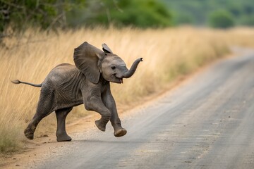 Fototapeta premium Playful baby elephant running on african road
