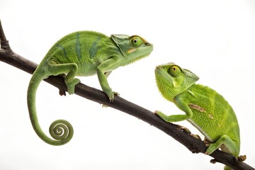 Fototapeta premium Two green chameleons on a branch isolated on white