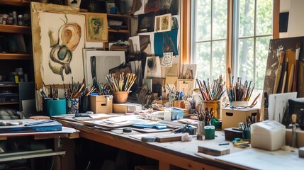 A well-lit 's  filled with artwork and supplies.