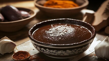 Mole Poblano Puebla traditional Mexican cuisine contains antioxidants and iron from spices and cocoa shown in authentic setting with fresh ingredients