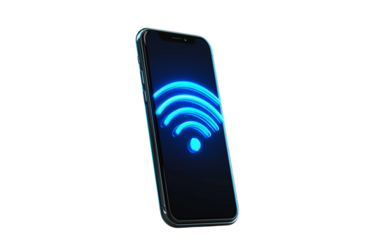 A set of high-quality 3D photorealistic images of smartphones standing upright with vibrant blue Wi-Fi signal lines showing digital connectivity isolated on a transparent background