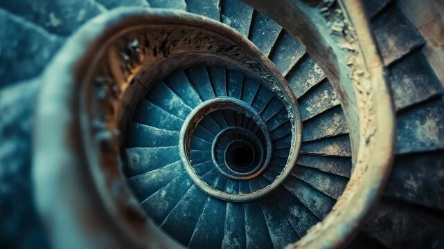 Intricate spiral staircase featuring detailed stonework and a central dark void