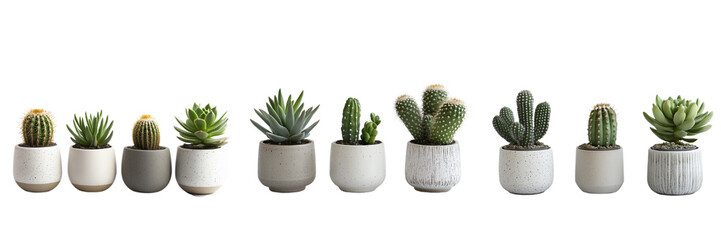 A set of mixed cacti and succulent plants in Nordic-style vases with neat arrangement, isolated on a transparent background