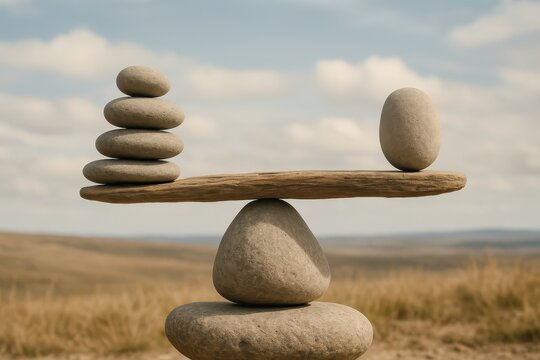 Balancing stones and wood plank symbolize equilibrium in nature