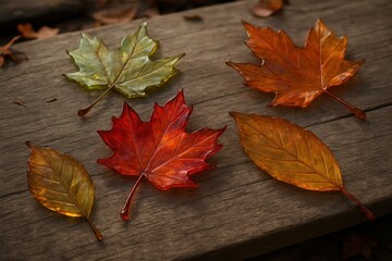 Colorful glass leaves lying on wooden table celebrating autumn season